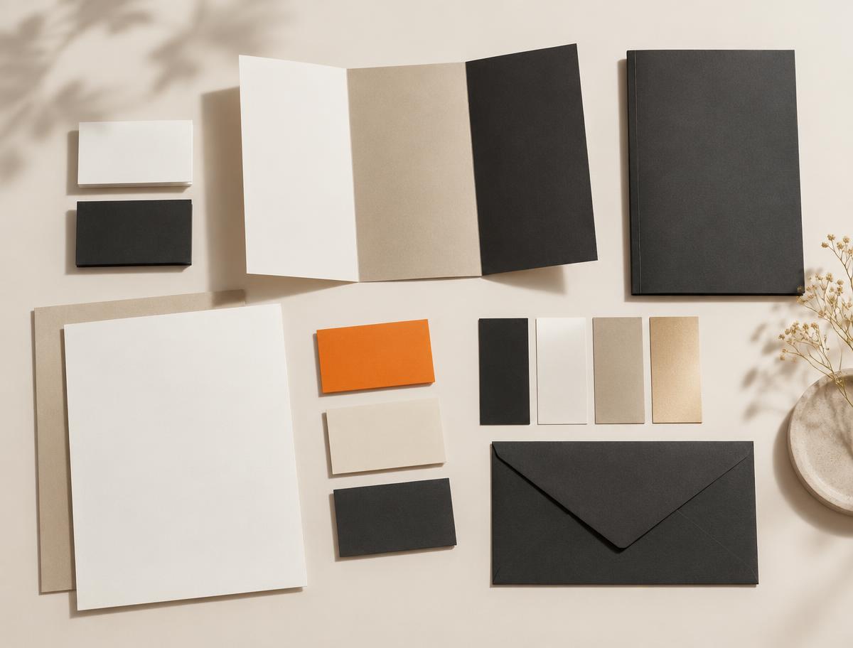 Brand collateral including business cards, flyers, brochures and colour swatches