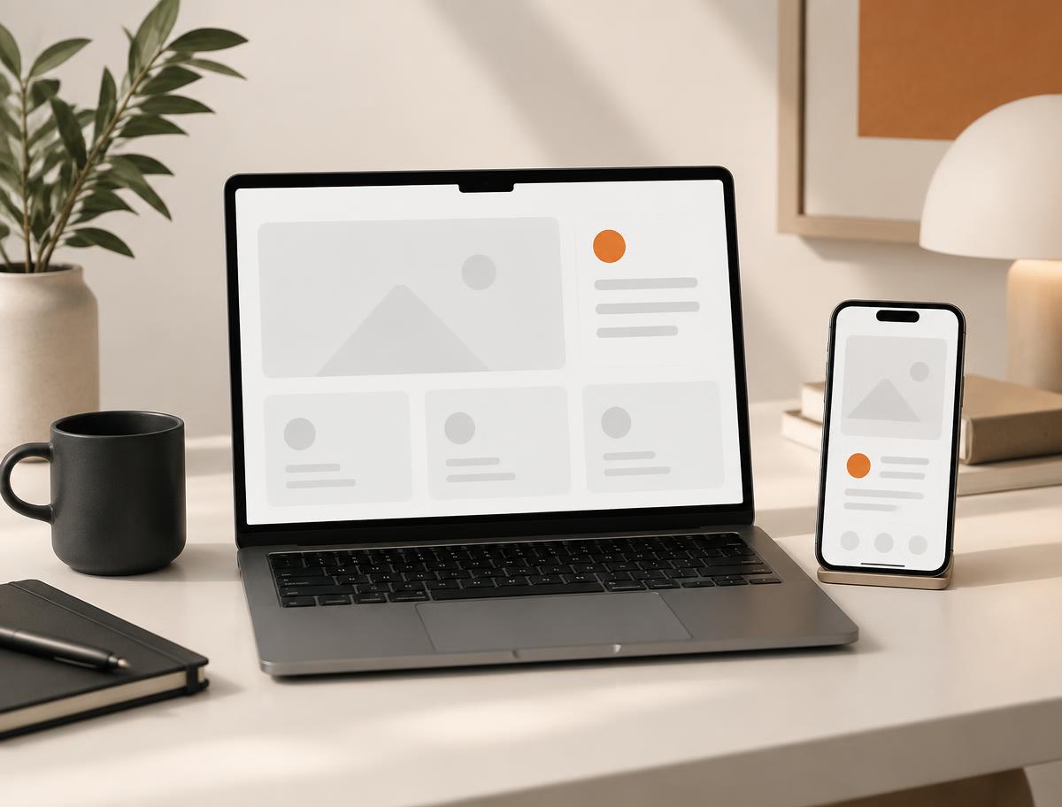 Website and mobile app interfaces shown on a laptop and phone